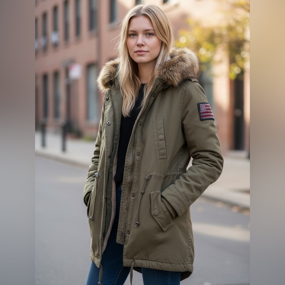TRUE RELIGION Shirt Jacket Military Parka Embroidered Patched Fur Line Women’s L